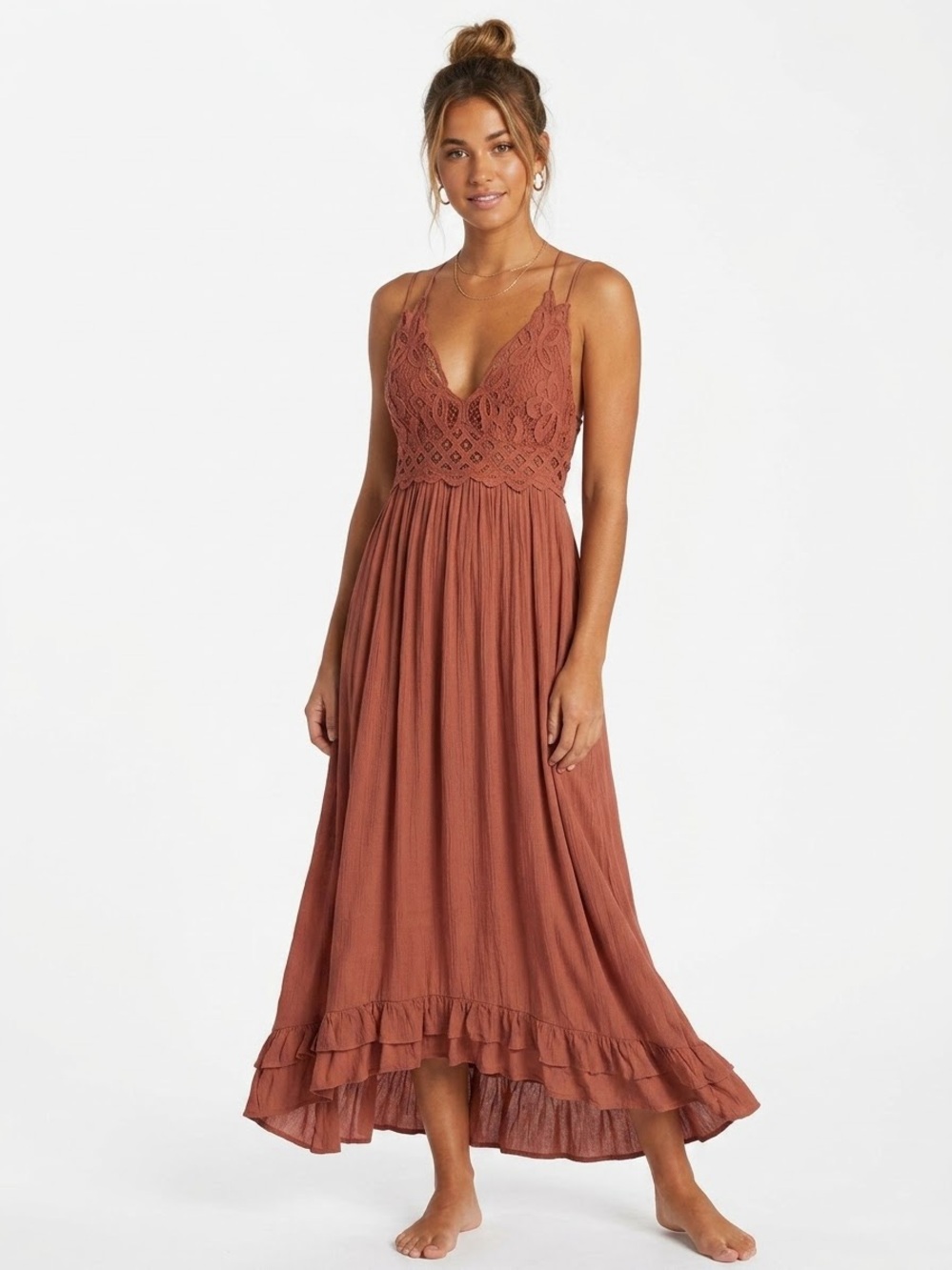 Free People Rust Crochet Maxi Dress with Ruffle Hem